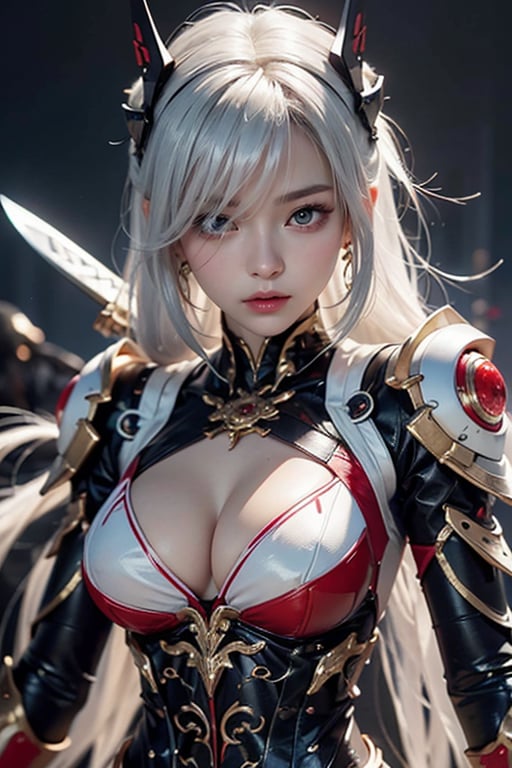 Korean anime beauty. Wearing sexy clothes. Fighting posture. Precision mechanical details. Linear light bars on parts of the body. Fighting with enemies. Red and white combination. Holding a big knife. Large area of ​​human skin. Double eyelids.