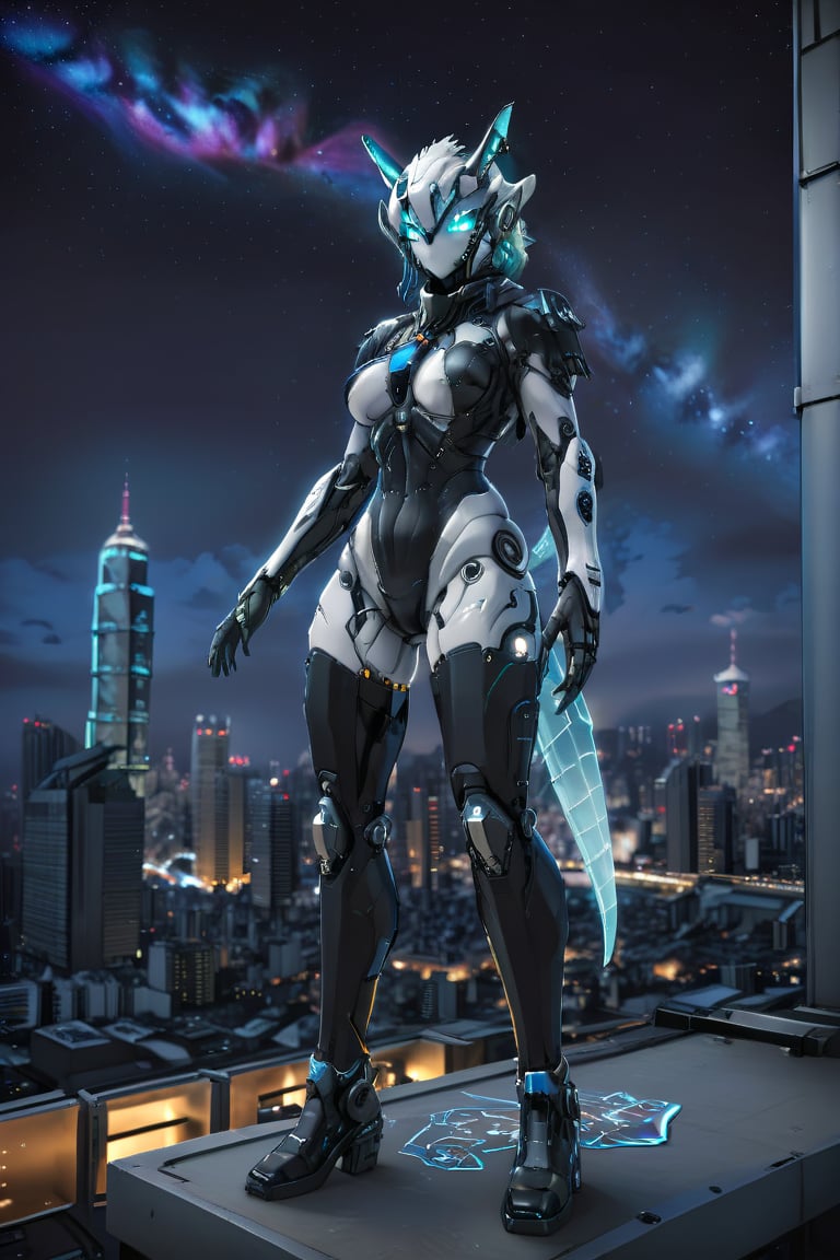 A half-mechanical, half-organic cyborg girl with white skin, featuring mechanical body parts and exposed fiber optic components. She has gray and light blue hair, small decorative horns, and is wearing long boots. The girl is sitting on the rooftop of a skyscraper with a view of the Taipei 101 skyline at night. The scene includes vibrant city lights, the Northern Lights, and a starry sky. The image is high contrast, featuring glowing butterflies and a detailed, futuristic atmosphere.