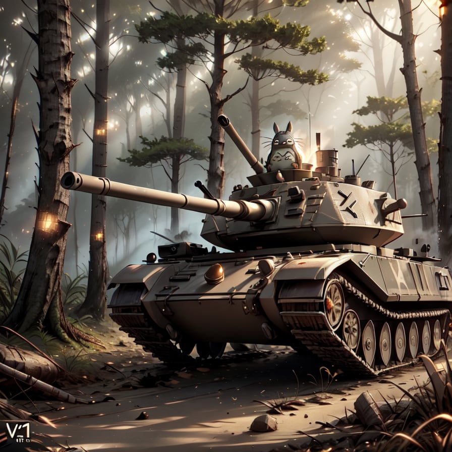 In the style of TOTORO, depict a cute and invincible Metal Slug SV001 tank. The tank should be emitting a destructive light wave. The scene is set in a 3D forest background. --v 5 --q 2 --ar 16:9"