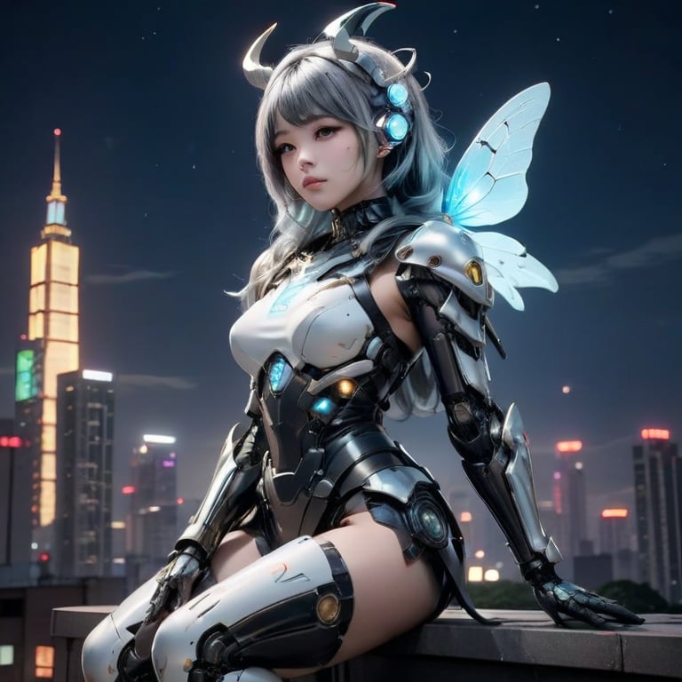 Semi-mechanical, semi-organic cyborg, a Taiwanese girl with white skin, a mechanical body, exposed fiber optic parts, gray and powder blue hairstyle, horns on her head, long leather boots, luminous butterfly, sitting on the roof of a skyscraper, Taipei 101 Night scene, bustling, northern lights, starry sky, high contrast