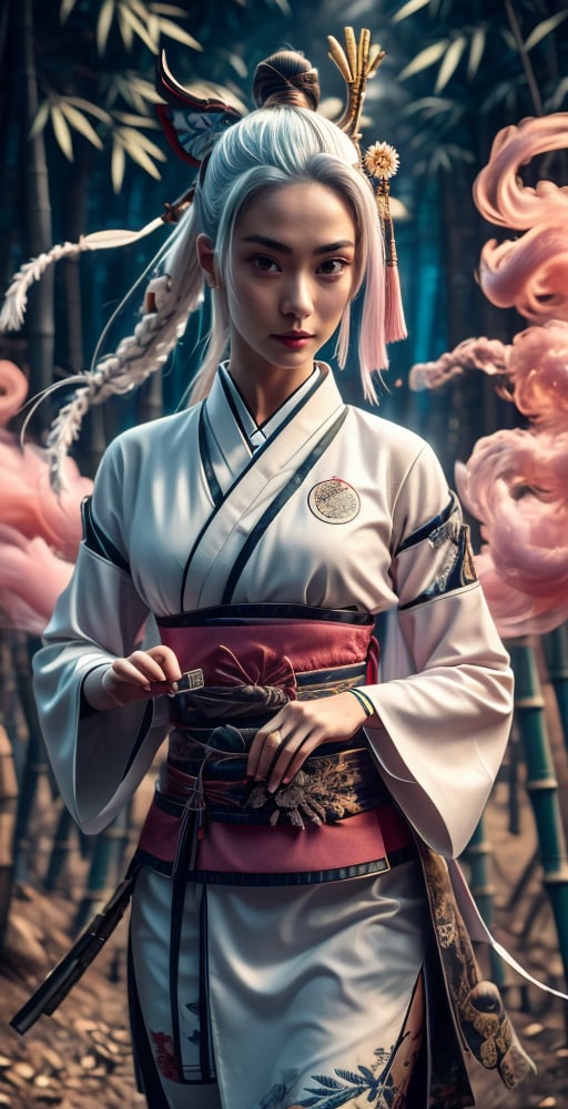 A beautiful Japanese ninja wearing a pink and white stealth combat uniform is taking off her nine-tailed demon fox mask. After a fierce battle, her delicate face reveals a tired expression and determined eyes. The ninja's The detailed patterns and embroidery on the combat uniform contrast with the traces of the battle. The traditional samurai sword is still dazzling. The background is an ancient and dense bamboo forest. The bamboo leaves are gently swaying in the breeze, and some broken pieces are scattered on the ground. The huge boulder is surrounded by light pink smoke and soft light. The whole scene is full of the intertwined style of Meiji and Edo periods--ar 3:4 --style raw --stylize 300