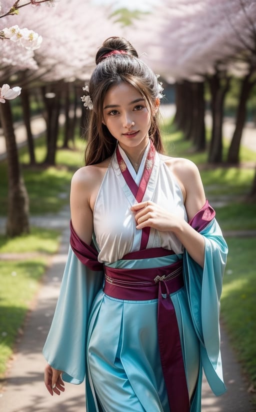 A woman wearing Hanfu from the Tang Dynasty and a chest-high Confucian skirt (tied above the chest and tied under the armpits), with the skirt fluttering in the wind, is walking in the cherry blossom forest, looking slightly sideways, smiling at the camera, with a sweet look on her face dimples