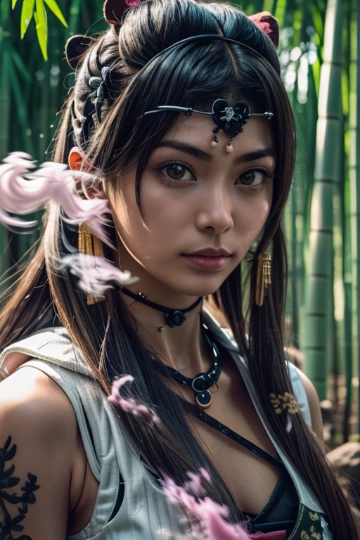 A beautiful Japanese ninja wearing a pink and white stealth combat uniform is taking off her nine-tailed demon fox mask. After a fierce battle, her delicate face reveals a tired expression and determined eyes. The ninja's The detailed patterns and embroidery on the combat uniform contrast with the traces of the battle. The traditional samurai sword is still dazzling. The background is an ancient and dense bamboo forest. The bamboo leaves are gently swaying in the breeze, and some broken pieces are scattered on the ground. The huge boulder is surrounded by light pink smoke and soft light. The whole scene is full of the intertwined style of Meiji and Edo periods--ar 3:4 --style raw --stylize 300