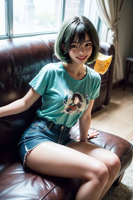 A woman with short mint-green hair, wearing a T-shirt and shorts, holding a bag of chips. She is lying on a sofa sideways, smiling gently. The style is inspired by Katsura Masakazu's manga, with soft lines, rich details, and an overall warm and relaxed atmosphere.