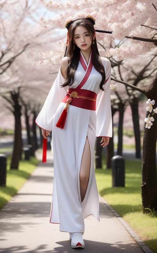 A woman wearing Hanfu from the Tang Dynasty and a chest-high Confucian skirt (tied above the chest and tied under the armpits), with the skirt fluttering in the wind, is walking in the cherry blossom forest, looking slightly sideways, smiling at the camera, with a sweet look on her face dimples