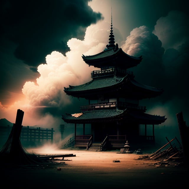 Create a hyper-realistic, dark, and eerie scene with a completely black background. The viewpoint is from the front. The image should have an old photograph, film camera style, with a grainy texture, lacking in light, and with a shaky, blurry effect. The setting is a decrepit, half-collapsed Japanese shrine, with peeling paint and rotting wood that crumbles in the wind. The world is dark and lonely, with no sound or light. Huge black particles swirl around in the wind, creating an effect that surrounds the shrine, amidst a storm of black dust.