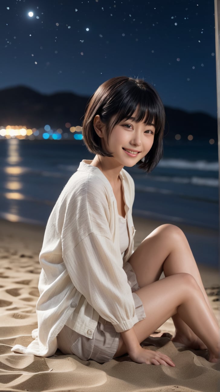 **Prompt:**

"Highest detail with complex realistic textures, 32K, HDR10, depth of field, ray-tracing effects, [ultra-wide full-frame], a Japanese girlfriend-style full-body image of Ryoko Hirosue, with a black bob haircut, smiling sweetly, wearing light summer clothes, sitting on a beach at night under a starry sky, dynamic effect close-up shot with cinematic camera movement."