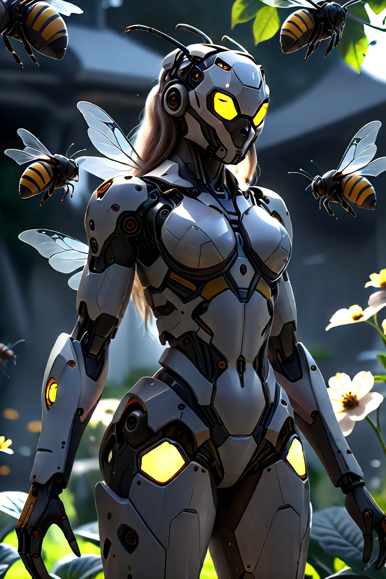 3D, Octane Render, futuristic style, humanoid mech queen bee leading a swarm of mechanical bees collecting nectar in a garden filled with transparent, futuristic mechanical flowers. The flower buds glow and the light diffuses onto the petals, creating dramatic lighting effects. 64k, HDR, ultra-high definition, intricate details, hyper-realistic.