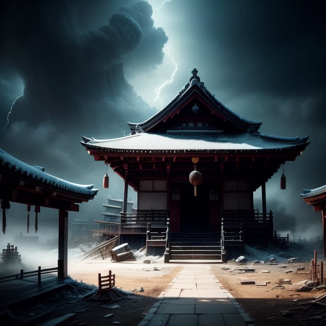 Create a hyper-realistic, dark, and eerie scene with a completely black background. The viewpoint is from the front. The image should have an old photograph, film camera style, with a grainy texture, lacking in light, and with a shaky, blurry effect. The setting is a decrepit, half-collapsed Japanese shrine, with peeling paint and rotting wood that crumbles in the wind. The world is dark and lonely, with no sound or light. Huge black particles swirl around in the wind, creating an effect that surrounds the shrine, amidst a storm of black dust.