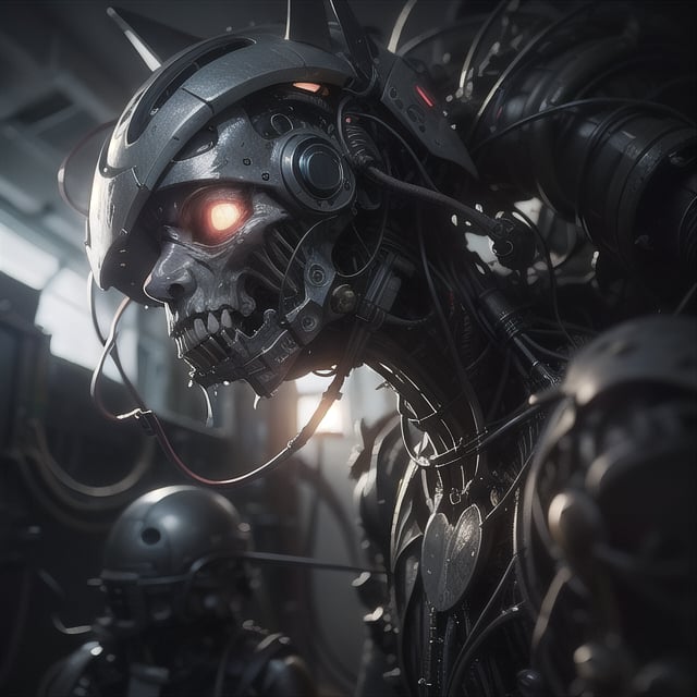 A photorealistic, ultra-wide angle image of a damaged biomechanical human, with exposed body parts revealing a mix of advanced machinery and horror-inspired design. The full-body mechanical design is marred by damage, exposing internal components and creating a sense of sci-fi terror. The scene is rendered in ultra-high detail at 32K resolution, with realistic textures and eerie, high-tech HDR10 lighting. Depth of field and ray tracing effects intensify the unsettling atmosphere, capturing the cold, metallic sheen and the ominous, pulsating glow of electrical currents within the exposed, snarling wires.