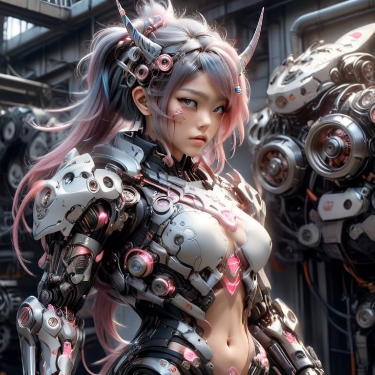 Semi-mechanical, semi-organic cyborg, a Taiwanese girl, with a mechanical body, torn abdominal muscles and exposed fiber optic parts, gray and pink-blue hairstyle, and horns on her head