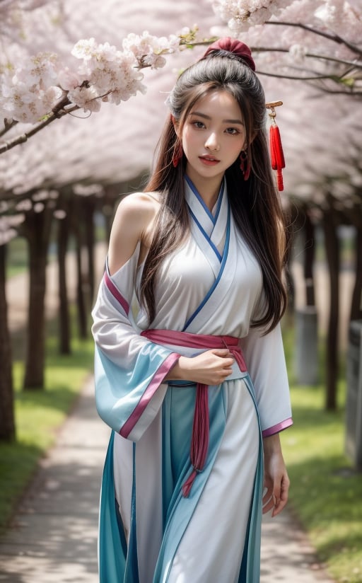 A woman wearing Hanfu from the Tang Dynasty and a chest-high Confucian skirt (tied above the chest and tied under the armpits), with the skirt fluttering in the wind, is walking in the cherry blossom forest, looking slightly sideways, smiling at the camera, with a sweet look on her face dimples