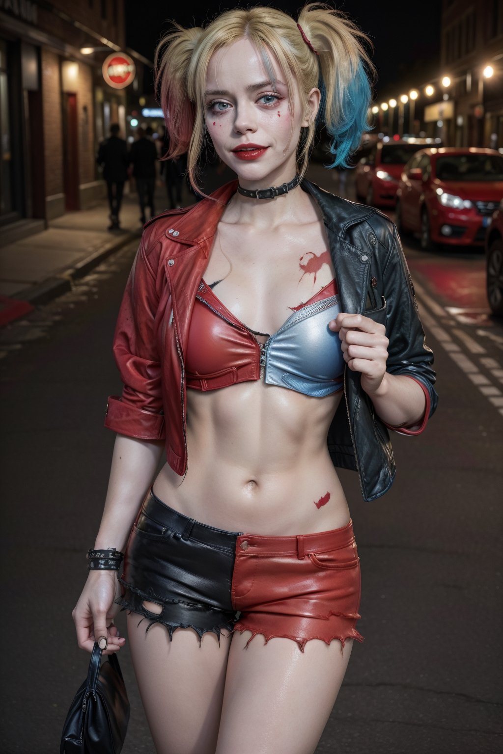 RAW photo, a portrait photo of 25 y.o woman,  harleyquinn, red leather jacket, fishnet, shorts, night, city street, (high detailed skin:1.2), 8k uhd, dslr, soft lighting, high quality, film grain, Fujifilm XT3, standing,  from above, full body, navel