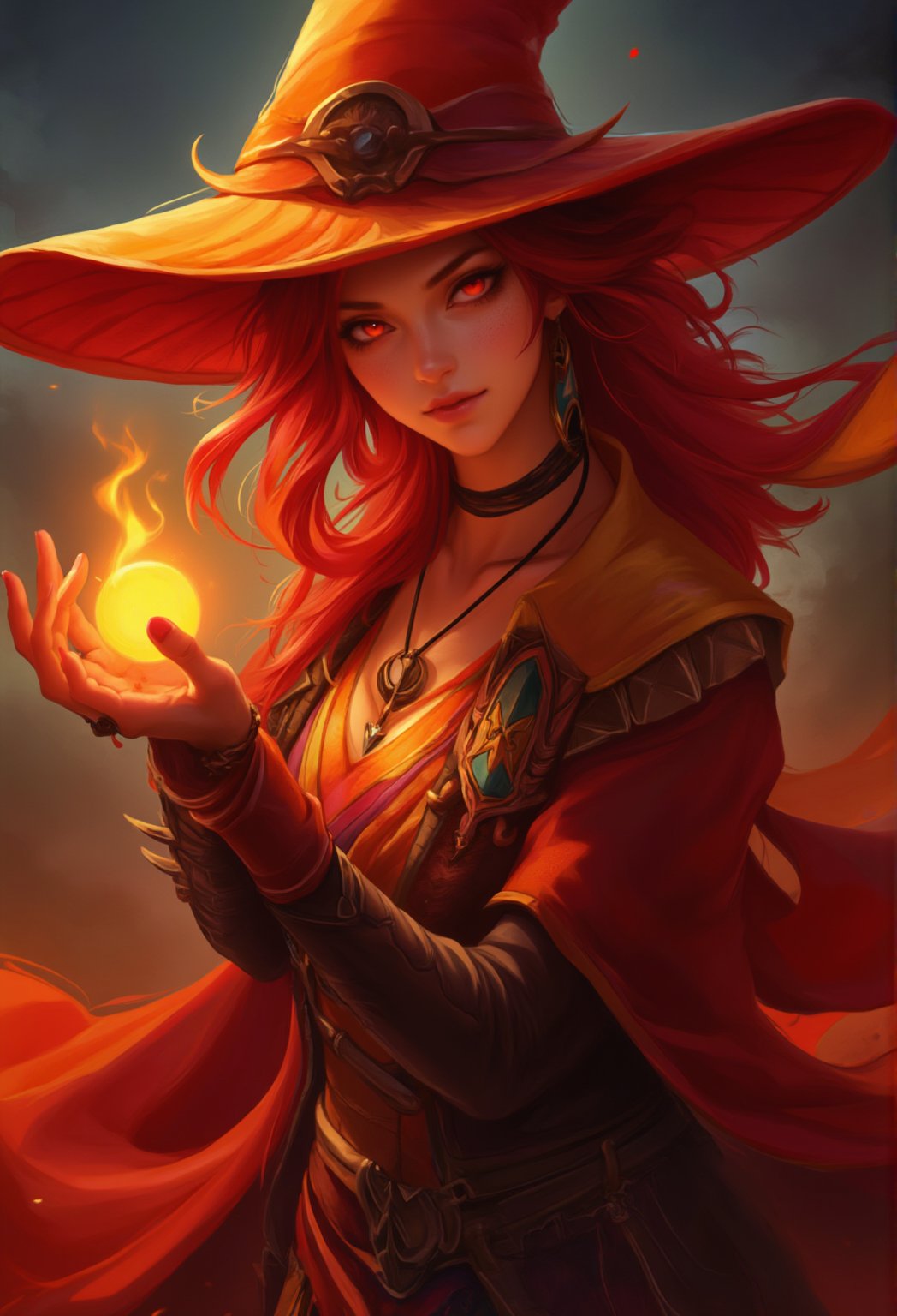 beautiful witch with red hair and red and orange clothes. above his hand floated a ball of fire. fire blazing in the background, dark fantasy, vibrant