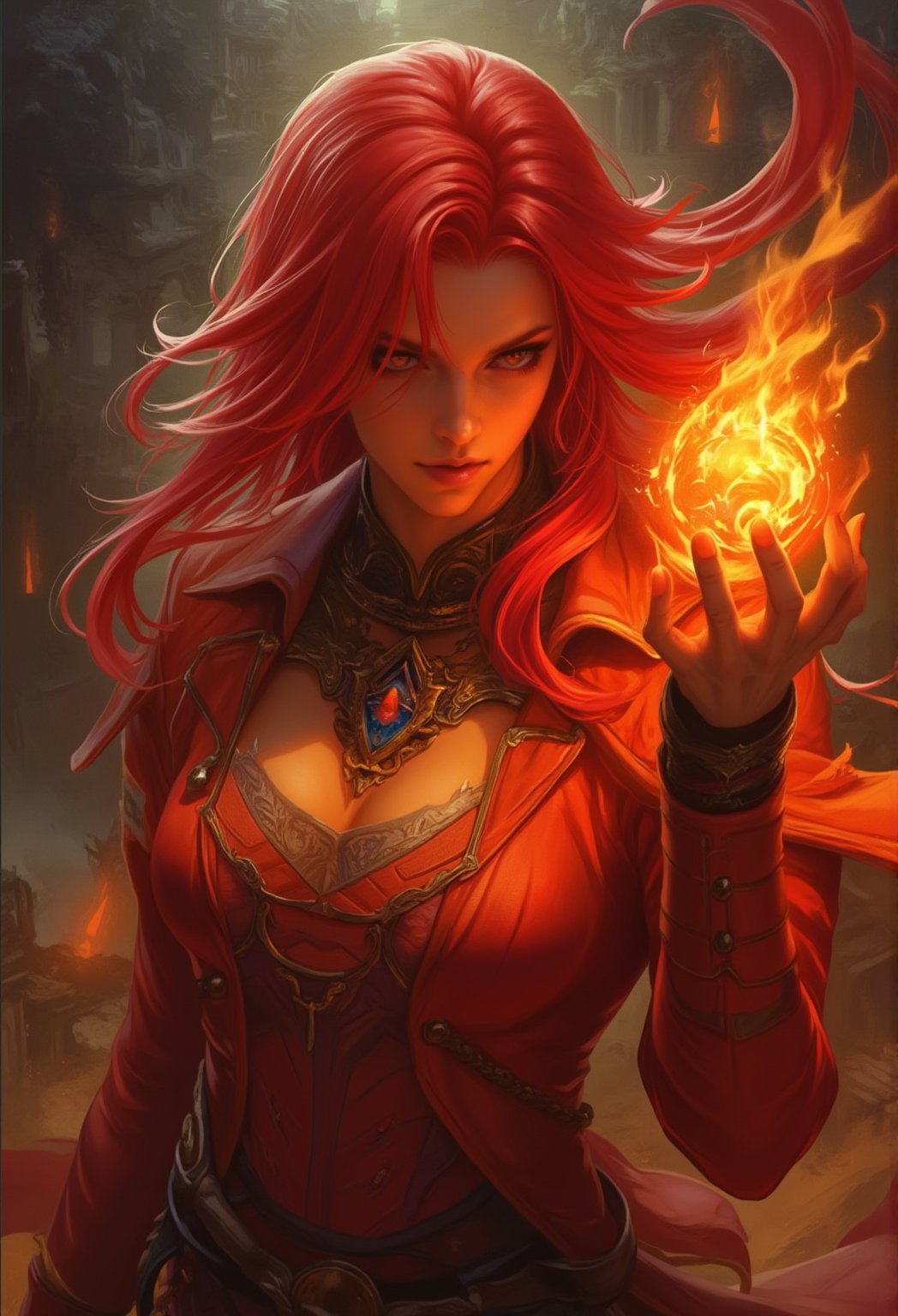 beautiful witch with red hair and red and orange clothes. above his hand floated a ball of fire. fire blazing in the background, dark fantasy, vibrant