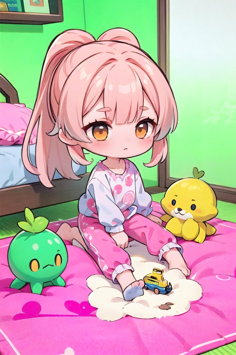 1 cute chibi girl, longest twin ponytail blonde hair, orange eyes, pink pajama outfit, pink pants, in room, childish room design, toy train, masterpiece, detail, crawling pose,