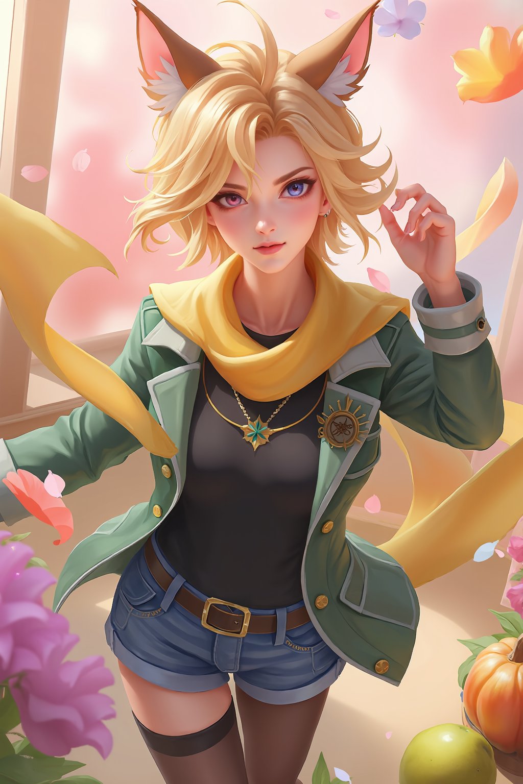 dynamic movement Floating pastel flower petals Anime soft pink gradient background and bright colors. Cute, short blonde hair, animal ears brown, hairpin, yellow scarf, pendant, green rolled up jacket, short black t-shirt, shorts, cloth, necklace, black stockings, indoor background, decoration, table, fruits, grass, 