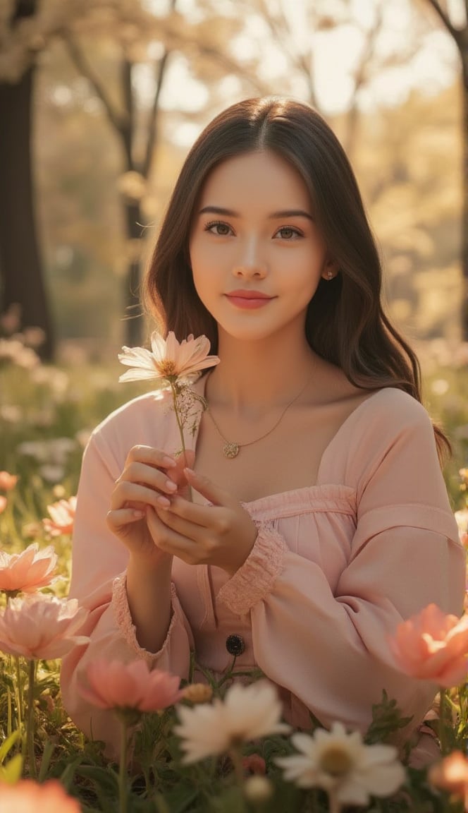 Portrait of a Caucasian beautiful girl holding the most delicate flower, blured forest background, morning sunrise, 8k