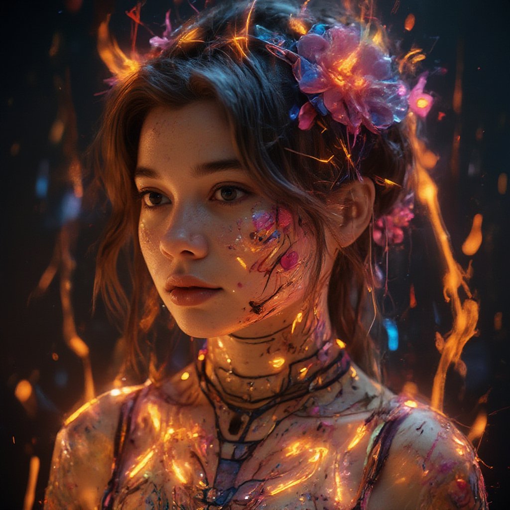 3D render of beautiful Indonesian asian girl in portrait mode with swirling alcohol ink design. 1 woman is decorated with colorful paint splashes, blending seamlessly with the fire background. There is fire with diamonds. creates a harmonious balance between the engraved structure and the free-flowing ink pattern.