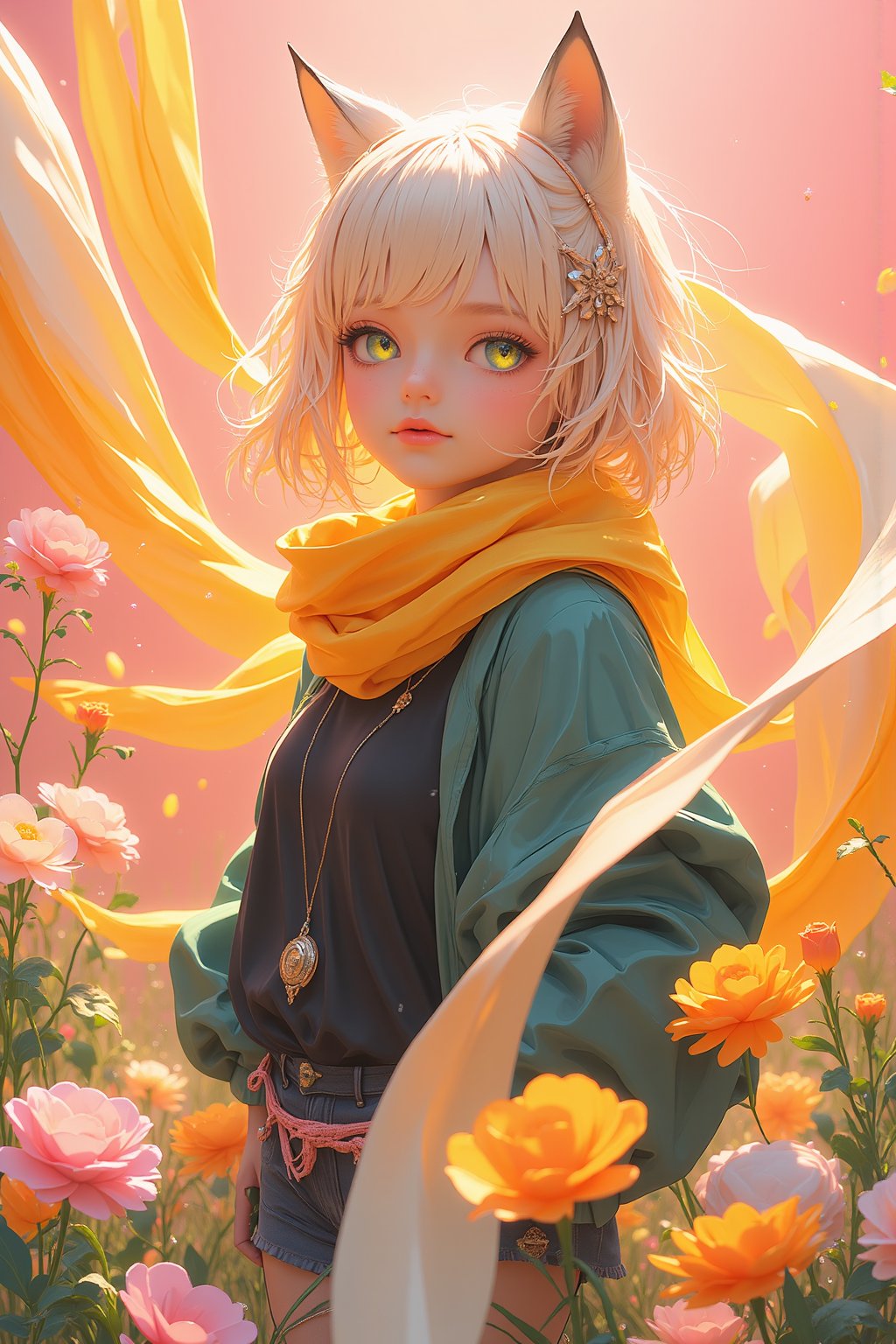 1 Girl, short blonde hair, brown animal ears, green eyes, hairpin, long yellow scarf, a strand of hair standing up, short black t-shirt, green short jacket, necklace, lollipop, shorts, sweet background, joy, "elegant crystal, graceful curves, Filled with orange and white marble fluid forming a fox shape, wavy and dynamic movement Floating pastel flower petals Anime soft pink gradient background and bright colors. Cute, short blonde hair, animal ears brown, hairpin, yellow scarf, pendant, green rolled up jacket, short black t-shirt, shorts, cloth, necklace, black stockings, indoor background, decoration, table, fruits, grass, flowers, colour_textDecoration, board write, grass, flowers, text, joyml, tousled hair, toys, scattered, Look for it, A strand of hair stands up,Books, children's games, cloth, colorful pointed flags, cups, cakes, Snotty, Red nose, standing, leaning against the wall, thin body, Slim,glowing,bright,luminous skin,glowing brightly,warm light,radiant,soft,glowing skin and vibrant, luminous features,glowing visual effects,glowing particles,neon