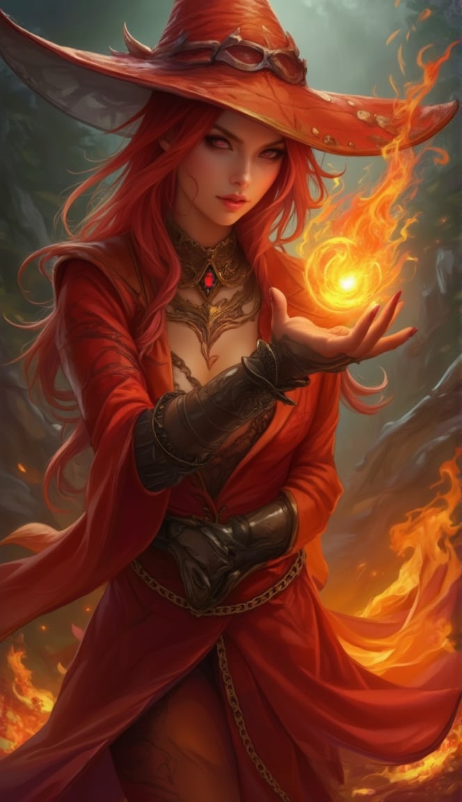 beautiful witch with red hair and red and orange clothes. above his hand floated a ball of fire. fire blazing in the background, dark fantasy, vibrant