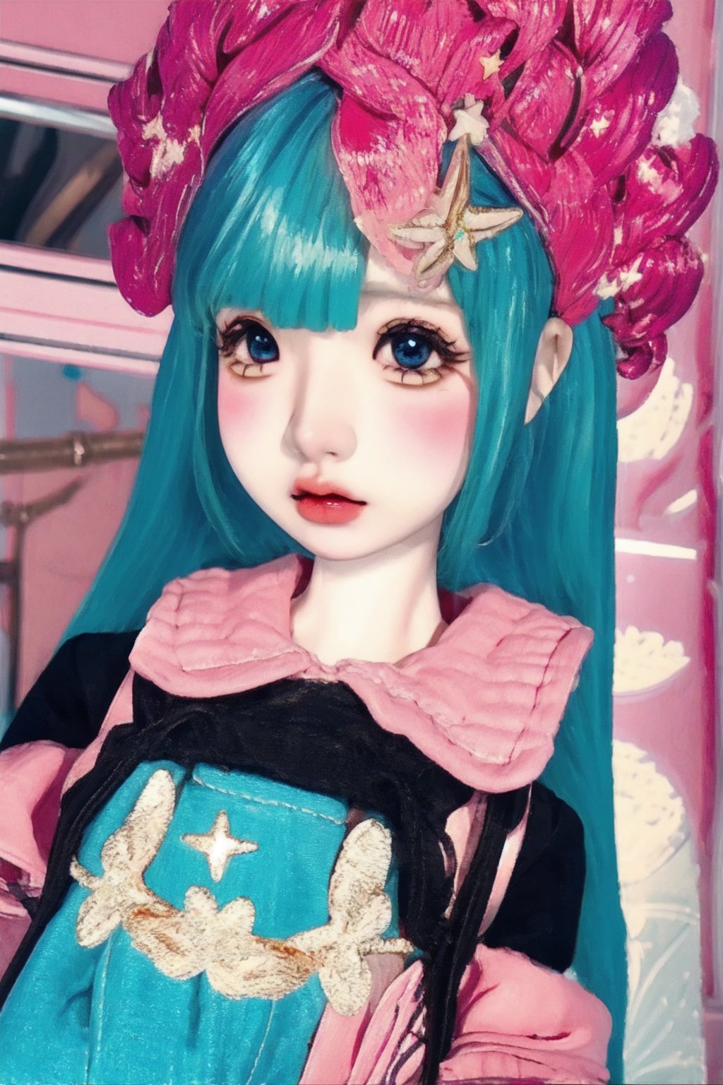 a cute doll, cyan pink hair, long gold and white dress ocean cliff, detailed face, vines, stars, ((surrealism)), (abstract), intricately detailed   art triadic colors, fantastical, splash screen, fantasy high magic concept art, 8k resolution, (masterpiece), heavy strokes,long hair ,hair bangs are above the eyebrows,pink lips,no bang,realistic,EpicDoll,pink lips,EpicMakeup,short neck,cute face,Perfect smooth skin,Blue pupil,