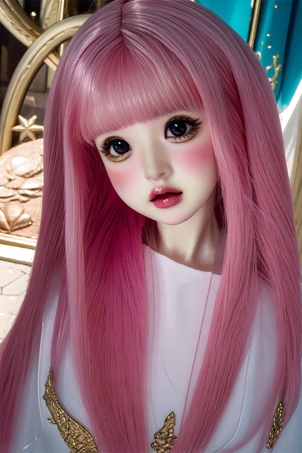 a cute doll, cyan pink hair, long gold and white dress ocean cliff, detailed face, vines, stars, ((surrealism)), (abstract), intricately detailed   art triadic colors, fantastical, splash screen, fantasy high magic concept art, 8k resolution, (masterpiece), heavy strokes,long hair ,hair bangs are above the eyebrows,pink lips,no bang,realistic,EpicDoll,pink lips,EpicMakeup,short neck,cute face,Perfect smooth skin,Blue pupil,