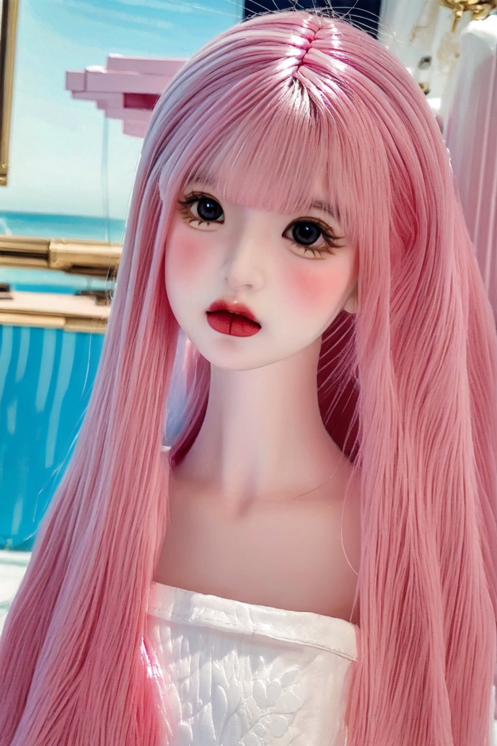 a cute doll, cyan pink hair, long gold and white dress ocean cliff, detailed face, vines, stars, ((surrealism)), (abstract), intricately detailed   art triadic colors, fantastical, splash screen, fantasy high magic concept art, 8k resolution, (masterpiece), heavy strokes,long hair ,hair bangs are above the eyebrows,pink lips,no bang,realistic,EpicDoll,pink lips,EpicMakeup,short neck,cute face,Perfect smooth skin,Blue pupil,