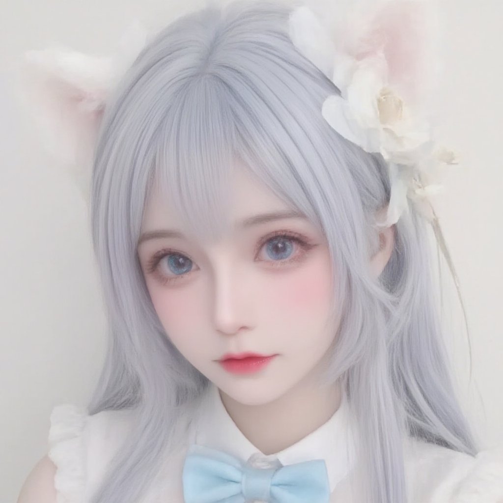 1girl, 

Cosplay, Real person, photo, twitter username, white background, mini person, aqua eyes, looking at viewer, grey hair, :i, aqua hair, simple background, blush, minigirl, blue hair, hair flower, solo, hair ornament, close-up, portrait, flower,
