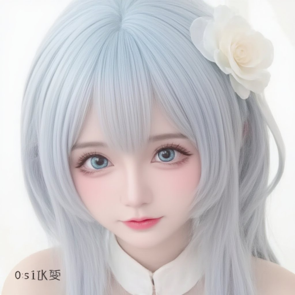 1girl, 

Cosplay, Real person, photo, twitter username, white background, mini person, aqua eyes, looking at viewer, grey hair, :i, aqua hair, simple background, blush, minigirl, blue hair, hair flower, solo, hair ornament, close-up, portrait, flower,
