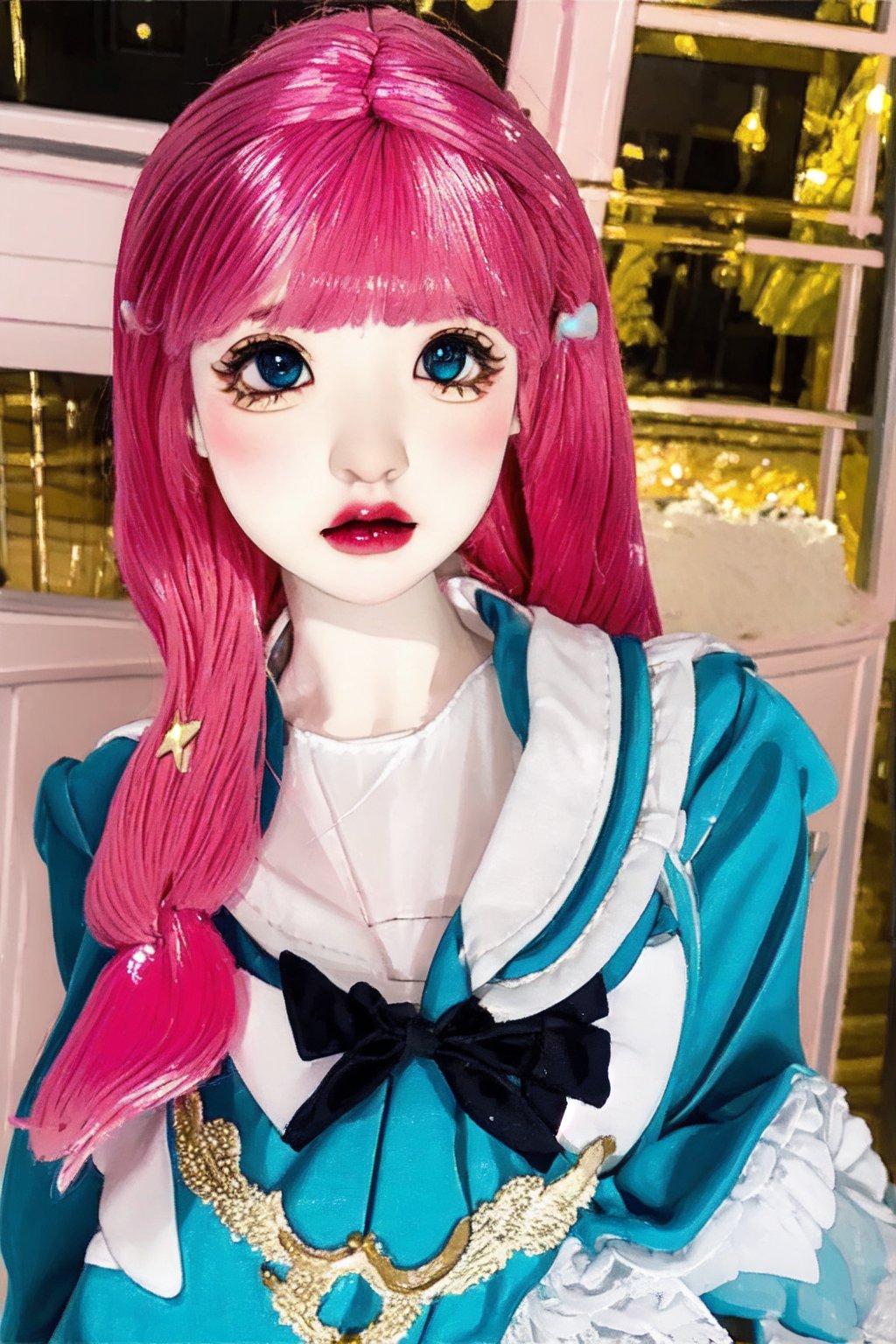 a cute doll, cyan pink hair, long gold and white dress ocean cliff, detailed face, vines, stars, ((surrealism)), (abstract), intricately detailed   art triadic colors, fantastical, splash screen, fantasy high magic concept art, 8k resolution, (masterpiece), heavy strokes,long hair ,hair bangs are above the eyebrows,pink lips,no bang,realistic,EpicDoll,pink lips,EpicMakeup,short neck,cute face,Perfect smooth skin,Blue pupil,