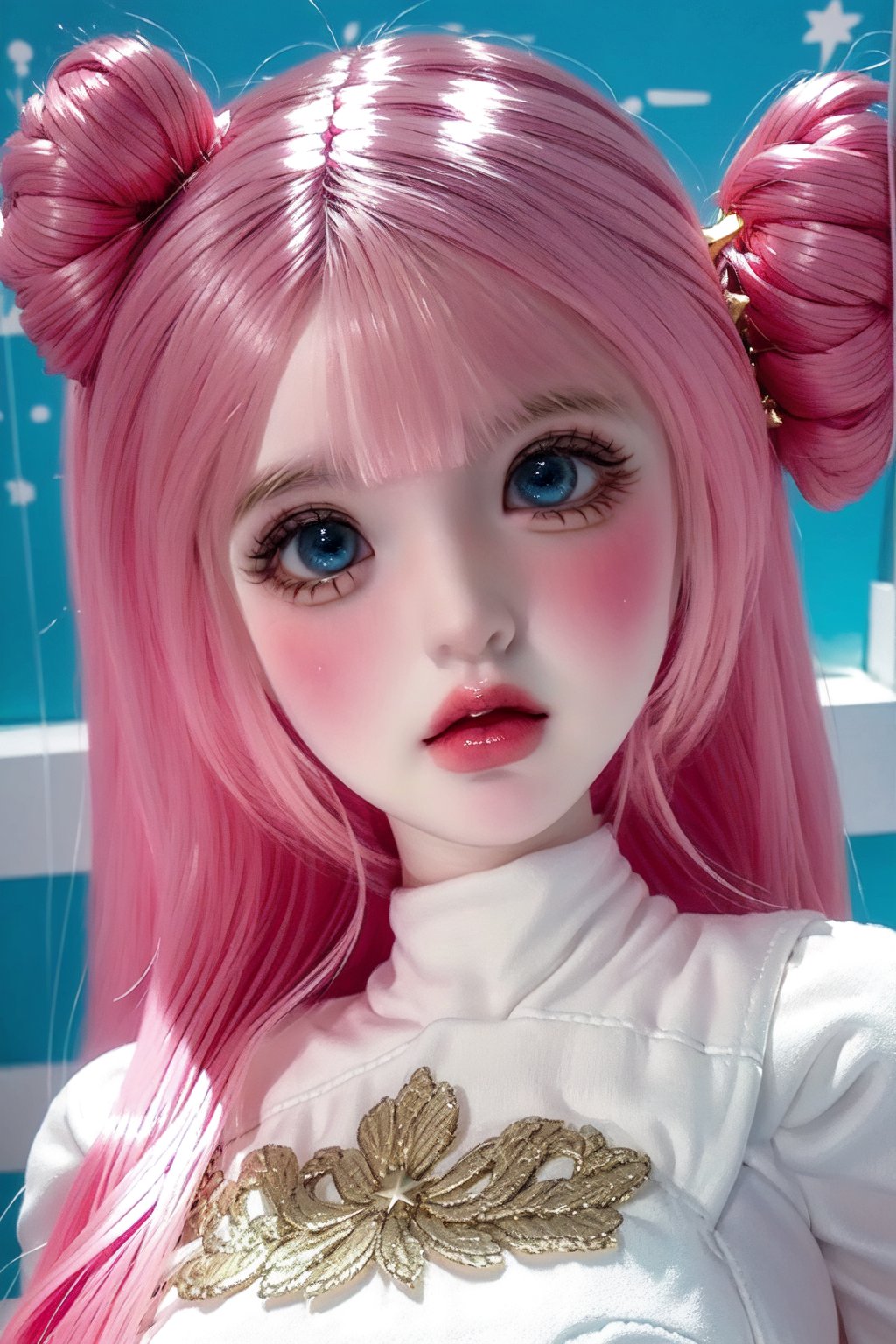 a cute doll, cyan pink hair, long gold and white dress ocean cliff, detailed face, vines, stars, ((surrealism)), (abstract), intricately detailed   art triadic colors, fantastical, splash screen, fantasy high magic concept art, 8k resolution, (masterpiece), heavy strokes,long hair ,hair bangs are above the eyebrows,pink lips,no bang,realistic,EpicDoll,pink lips,EpicMakeup,short neck,cute face,Perfect smooth skin,blue eyes,