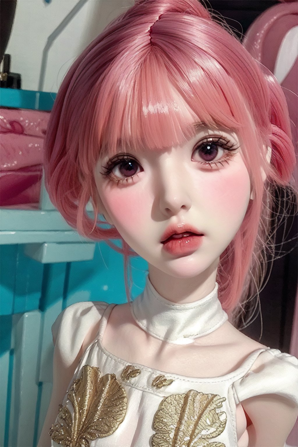 a cute doll, cyan pink hair, long gold and white dress ocean cliff, detailed face, vines, stars, ((surrealism)), (abstract), intricately detailed   art triadic colors, fantastical, splash screen, fantasy high magic concept art, 8k resolution, (masterpiece), heavy strokes,long hair ,hair bangs are above the eyebrows,pink lips,no bang,realistic,EpicDoll,pink lips,EpicMakeup,short neck,cute face,Perfect smooth skin,