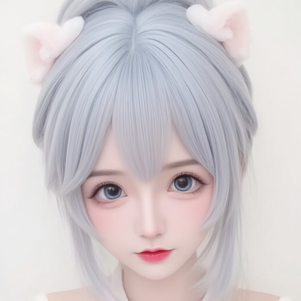 1girl, 

Cosplay, Real person, photo, twitter username, white background, mini person, aqua eyes, looking at viewer, grey hair, :i, aqua hair, simple background, blush, minigirl, blue hair, hair flower, solo, hair ornament, close-up, portrait, flower,
