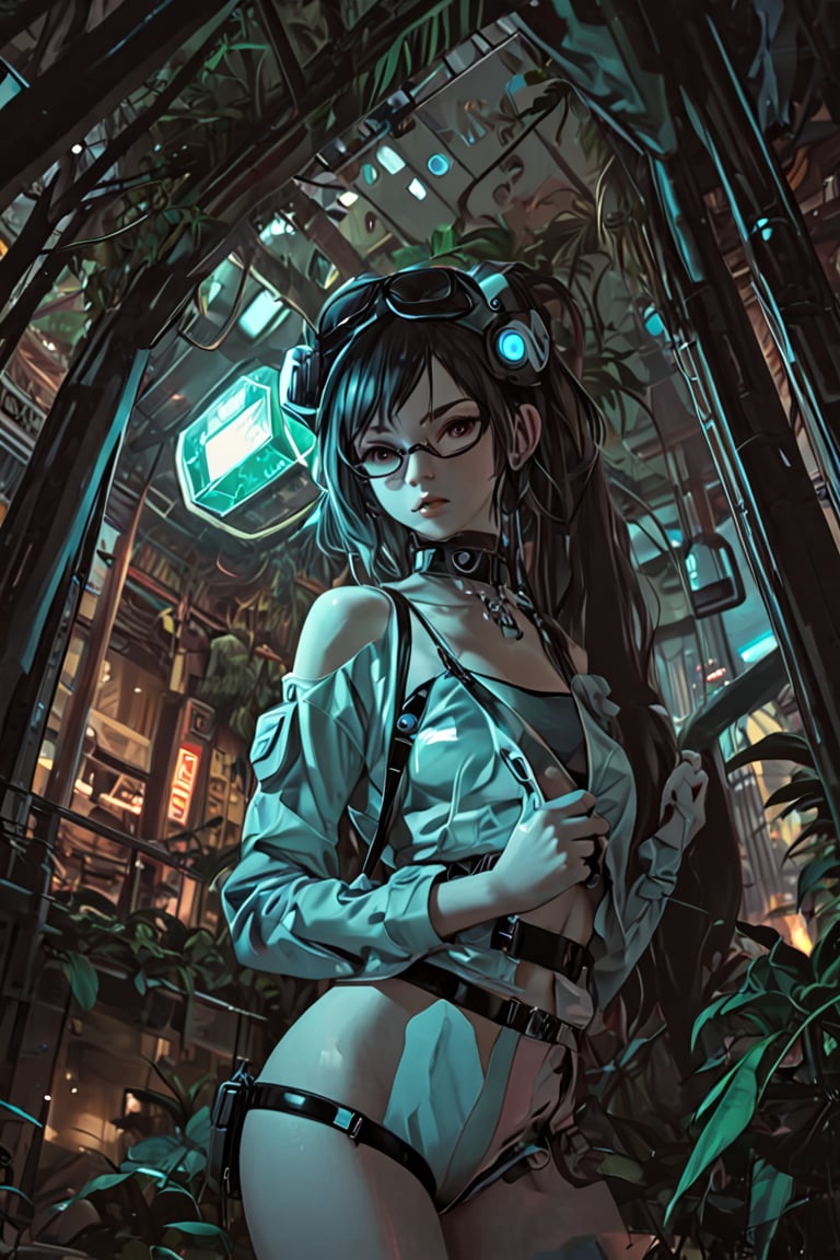 [ dark cave with aquamarine illumination stockphoto : skimpy-li hipster girl outfit  manga by Atsushi Suzumi   cute-nsd in the anon-bbcworld mirror  resting head on hand skimpy elaborate choker futuristic city jungle retro artstylem pixel art detailed magnificent : 0.2] 