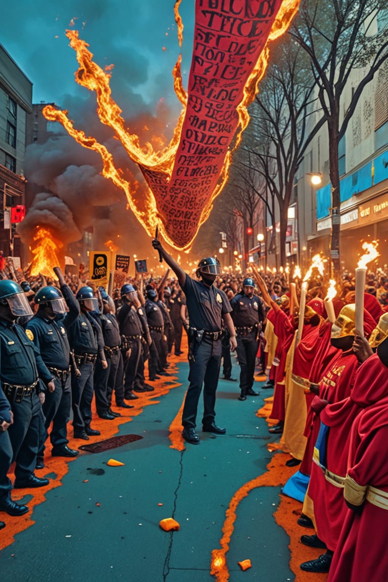 

[a close up of a colorful painting on a wall, cold metallic atmosphere, resin, embers flying, metallic paint, within radiate connection, warm and soft and subdued colors, breath condensation, connectedness, turquoise and venetian red, metallic colors, spectrum colours, calm and contented painting:blacklivesmatter cult march nevertrump effigy police officer torn crowd protesters chant unison pride flag hoist it high above their heads ingsoc   priests dance around fire evil gods conspiracy their golden masks reflect flicker light  in the darkness :0.2]


