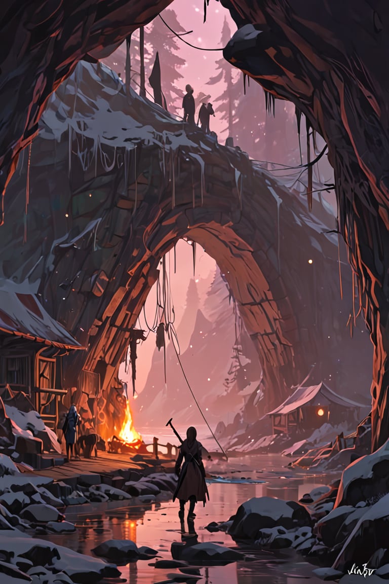 
[dark cave (anime concept art:0.3) with warm pink illumination  :Alette The Banner Saga Caravan Viking Mythology:0.2]