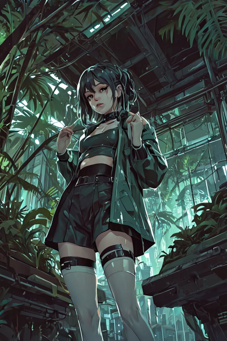 [ dark cave with aquamarine illumination stockphoto : skimpy-li hipster girl outfit  manga by Atsushi Suzumi  ( vector-anime style: 0.1)   cute-nsd in the anon-bbcworld mirror  resting head on hand skimpy elaborate choker futuristic city jungle retro artstylem pixel art detailed magnificent : 0.2] 