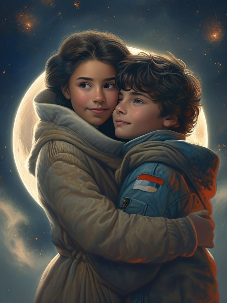 A beautiful young girl and a boy, two lovers hug eachother,on the moon, space background,
Masterpiece, ultra res, best quality,32k