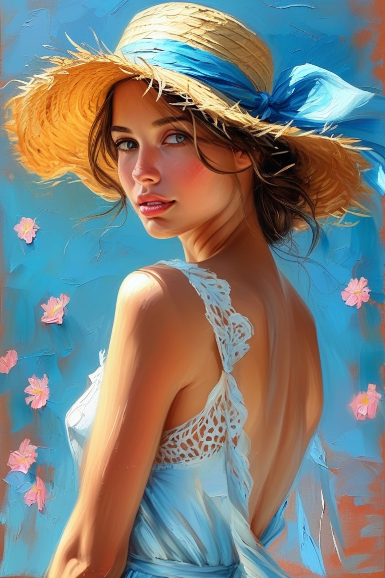 A beautiful young lady with Straw hat, seen from back view, turning her head looking to viewer, painting style, masterpiece, ultra details, best quality 