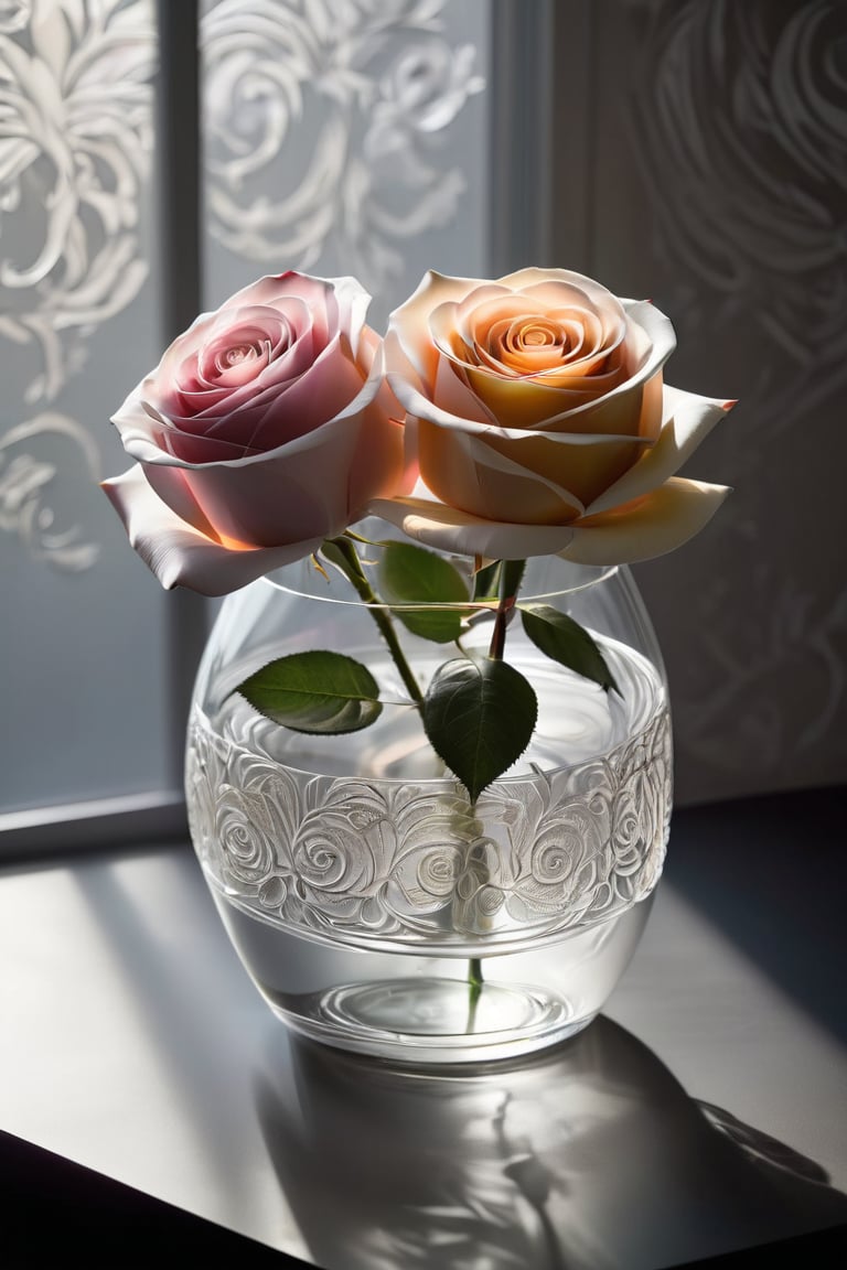 A delicate arrangement of two roses nestled within a transparent cylinder-shaped glass vase, adorned with intricate patterns that refract the warm sunlight streaming through the window. The gentle illumination casts a soft glow on the petals, while the surrounding violent gray background adds a striking contrast to the serene floral display.