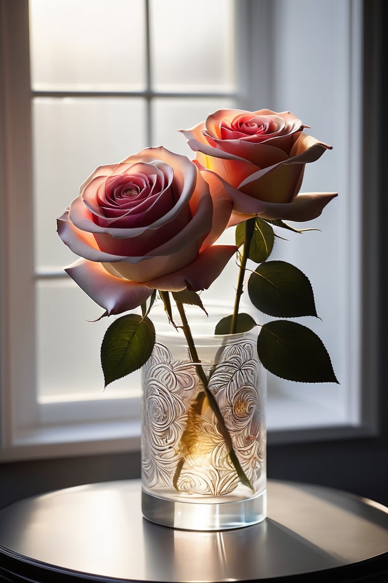 A delicate arrangement of two roses nestled within a transparent cylinder-shaped glass vase, adorned with intricate patterns that refract the warm sunlight streaming through the window. The gentle illumination casts a soft glow on the petals, while the surrounding violent gray background adds a striking contrast to the serene floral display.