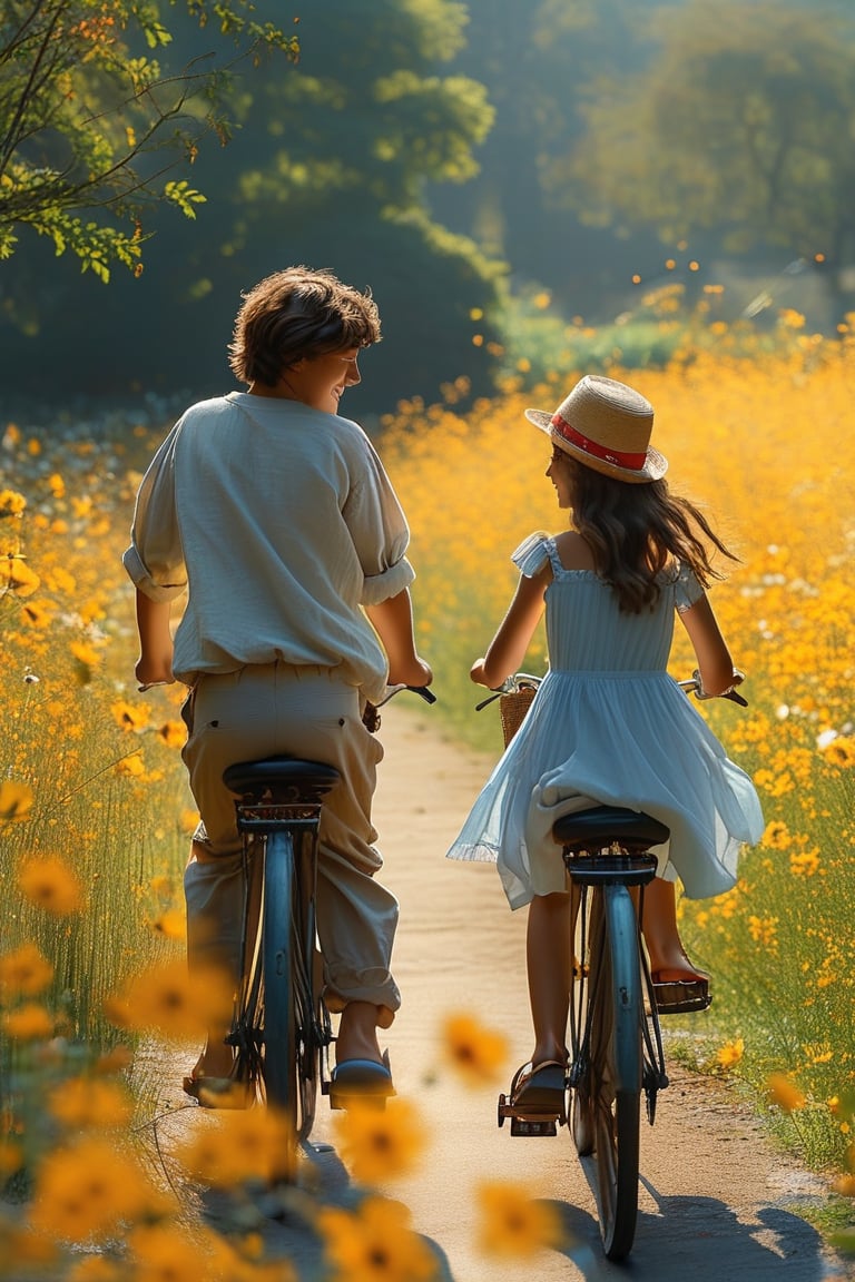 A serene masterpiece of two youthful companions, a young man and a young girl, pedaling side by side on their bicycles amidst a vibrant field of golden blooms. Morning sunlight casts a warm glow, illuminating the joyful scene as they exchange beaming smiles, their eyes locked in a moment of shared delight.