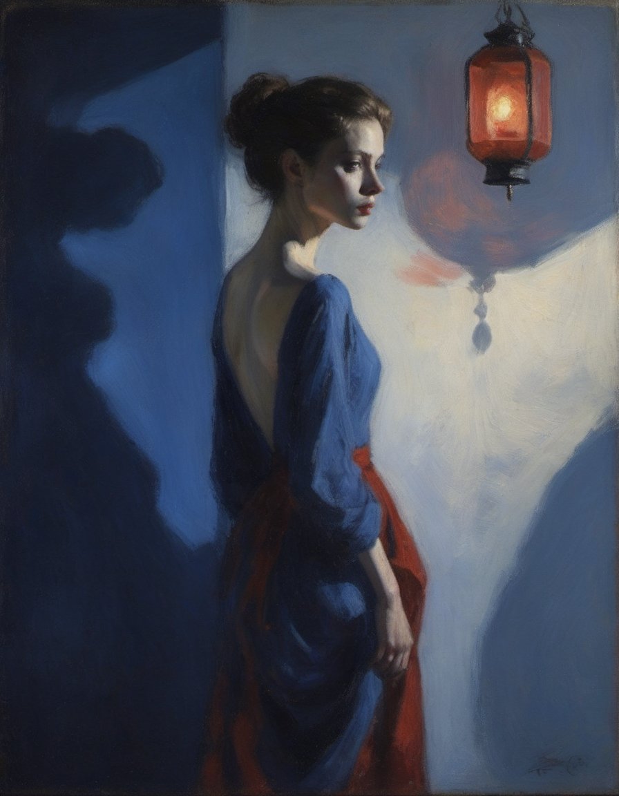 Captured in a dramatic, low-key setting, a beautiful model slowly emerges from the darkness. Shadows dance across her pale skin as she steps into the faint, flickering light. Her features are softened, yet her eyes gleam like lanterns in the night. Brushstrokes of cobalt blue and cadmium red swirl around her, imbuing the atmosphere with an air of intrigue. The model's slender form is silhouetted against a dark, moody backdrop, as if conjured from the shadows themselves.,aesthetic portrait