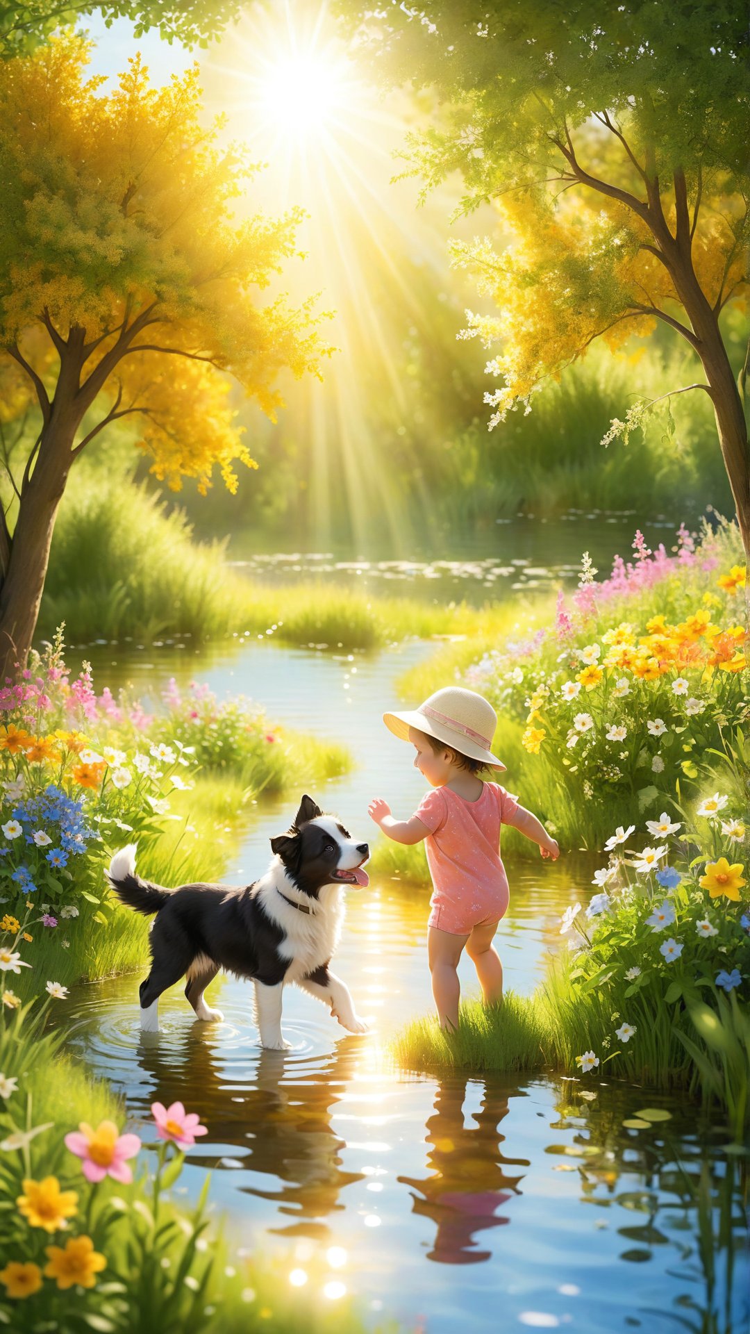 create a picture of a baby boy(human) playing in beautiful fields with many flowers and wonderful trees playing with his border collie puppy in the warm light from the sun next to a tiny lake
A heartwarming scene of a baby boy(human) in a cute sun hat, playing happily with his border collie puppy in a picturesque field. The field is filled with vibrant, colorful flowers and tall, lush trees that create a canopy of dappled sunlight. The baby and puppy are splashing in the shallow water of a tiny lake, surrounded by beautiful wildflowers. The warm sunlight casts a golden glow on the scene, capturing the innocence and joy of childhood.