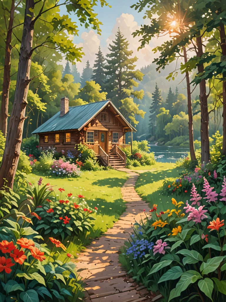 First-person view, surrounded by lush greenery, misty atmosphere, vibrant flowers,chirping birds, gentle breeze, wooden cabin in the distance, warm sunlight filtering through the leaves, in a painterly impressionist style