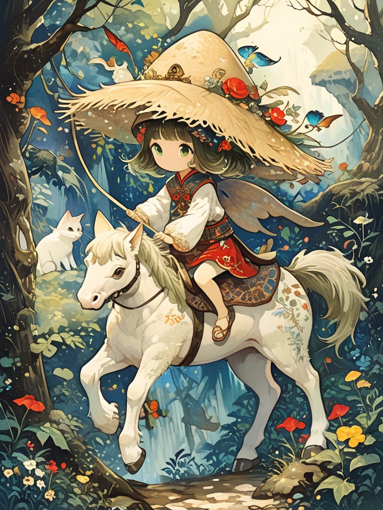 Cute kitten riding a big black vaulting horse, closed: straw hat, red and green embroidered Chinese cloak, cinematic pose, fairy atmosphere, highly detailed, dramatic lighting. Forest background, digital painting, masterpiece, maximalism, near perfection, design by Greg Rutkowski + Esao Andrews, oil painting
