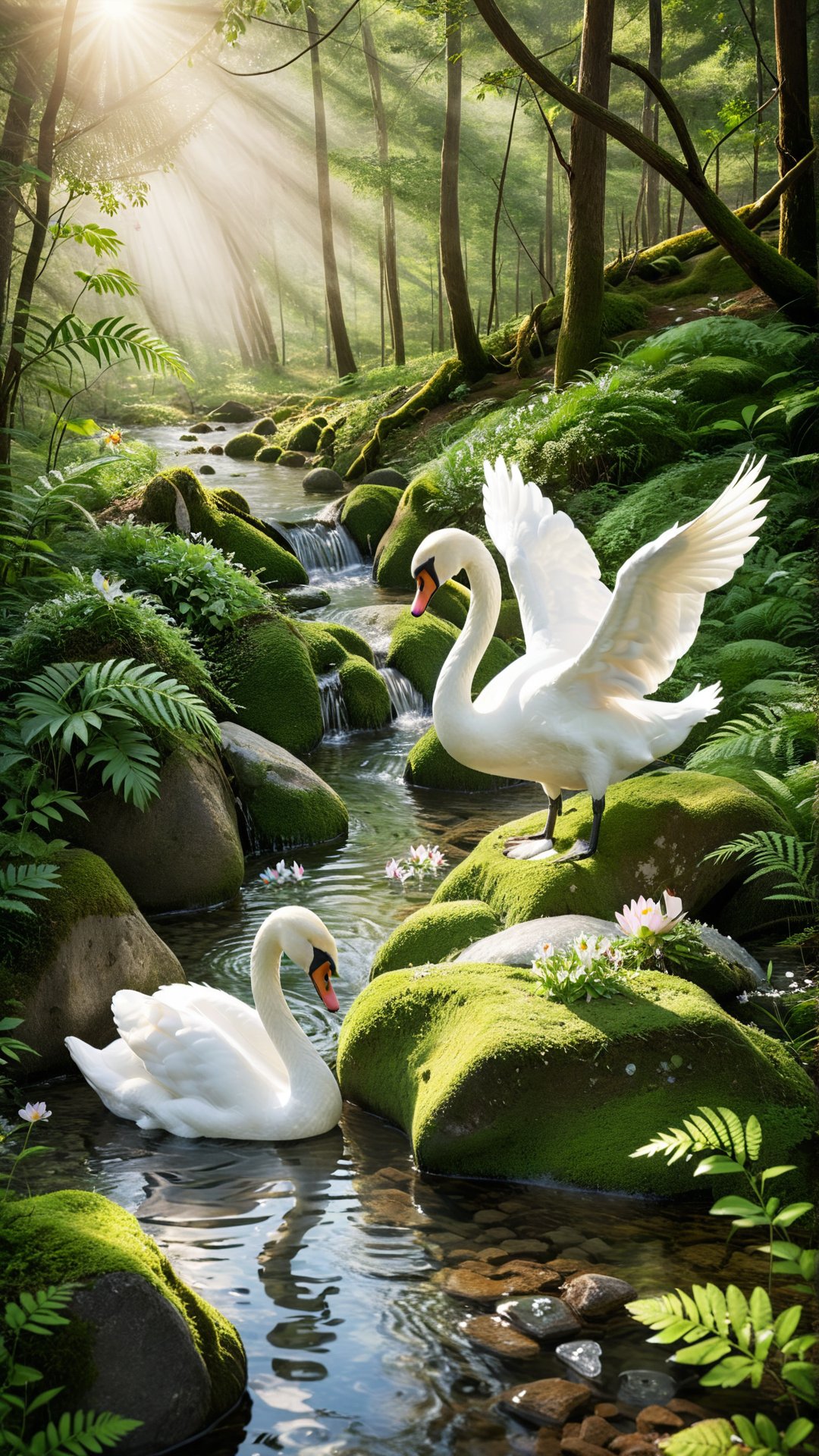 A small natural rock waterfall, tumbling into a brook that winds it's way into the forest. Two beautiful adorable Swans playing face to face in water, photo, cinematic, wildlife photography
A stunning cinematic wildlife photograph capturing a pristine natural scene. A small, picturesque rock waterfall cascades into a winding brook that meanders gracefully through the dense forest. The crystal-clear water shimmers under the soft sunlight, and the lush greenery creates a serene atmosphere. Wild flowers, cinematic, photo, wildlife photography. 
