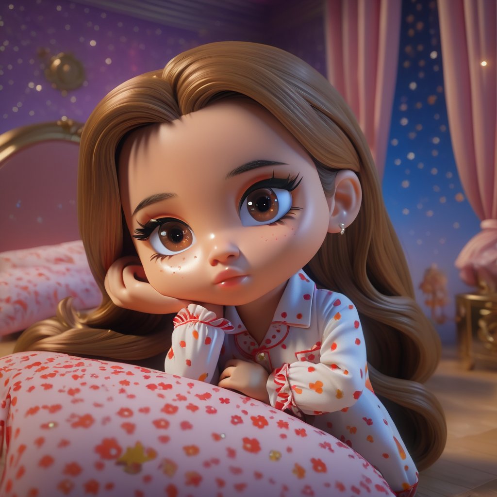 (Best Quality, 8K, Extraordinary Details, Masterpiece), (Highly Realistic, Photorealistic) A lovely young woman with mesmerizing brown eyes and long sparkling hair. Young girl in cute pajamas creates a unique and cute sleeping and sleepy pose. The backdrop is a bedroom. Chibi characters sit and cry with tears in their eyes.