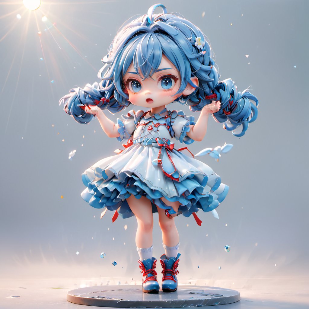 (Best Quality, 8K, Extraordinary Details, Masterpiece), (Highly Realistic, PhotorealisticMasterpiece, best qualityMasterpiece, best quality, Masterpiece, best quality, 1 chibi girl, single, big head, small body, short legs, short sleeves, long hair, feeling depressed, pouting, red face, tone, blue eyes, sparkling blue hair, dressed in a white dress, very long hair, mouth closed, standing, full body, braids. Short sleeves, high heels, socks, raised hands, gray background, double braid, white dress, backdrop, outdoors, flowers, sky, sunlight